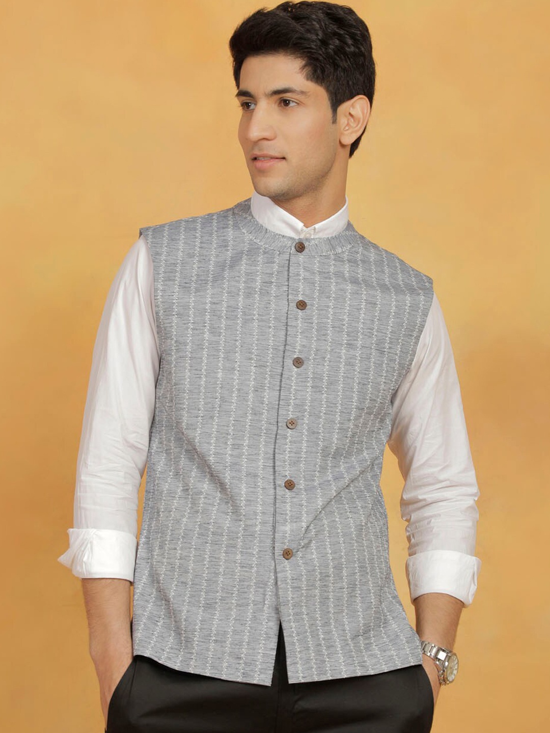 

VASTRAMAY Woven Design Nehru Jacket, Grey
