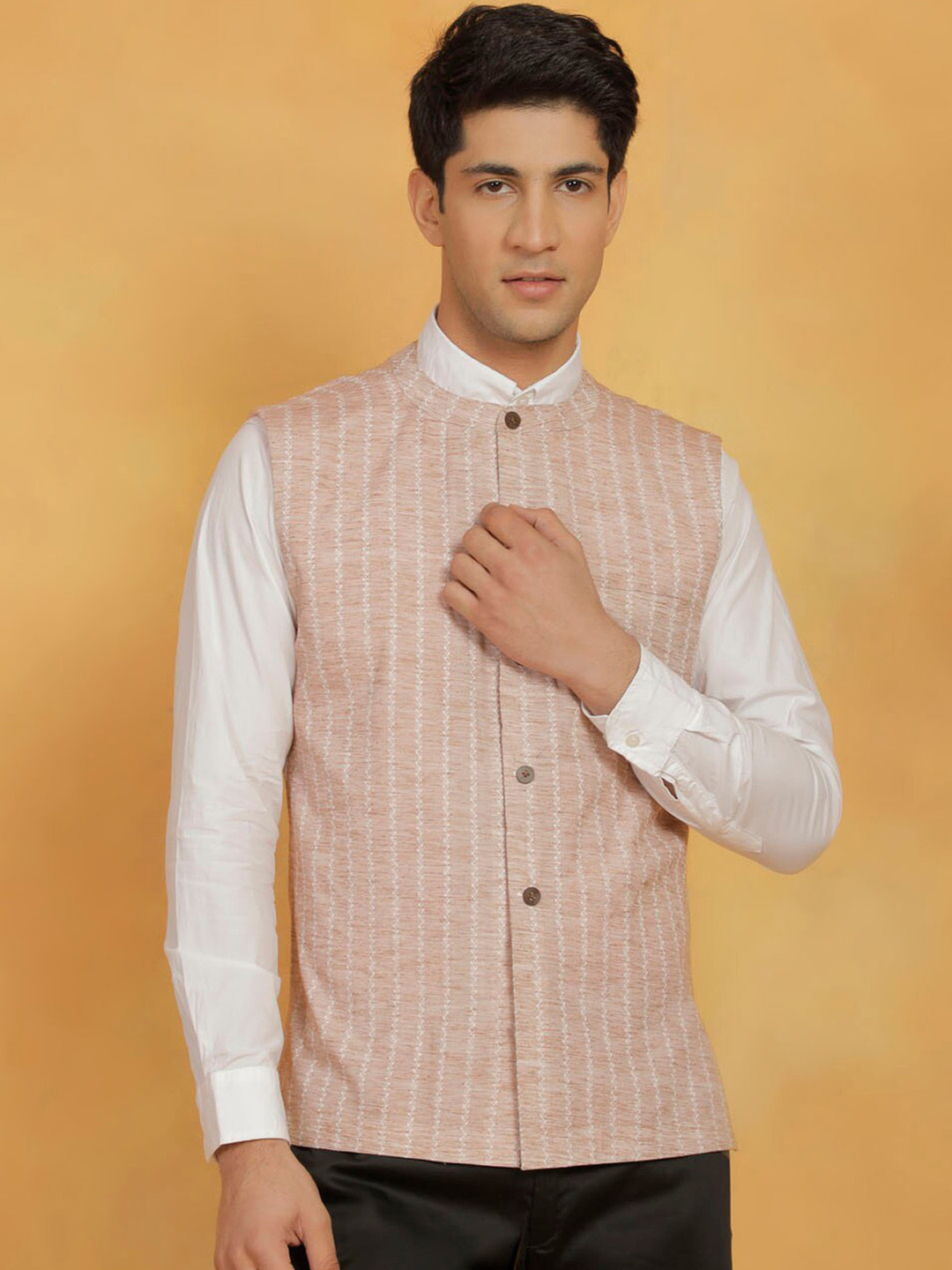 

VASTRAMAY Woven Design Nehru Jacket, Beige
