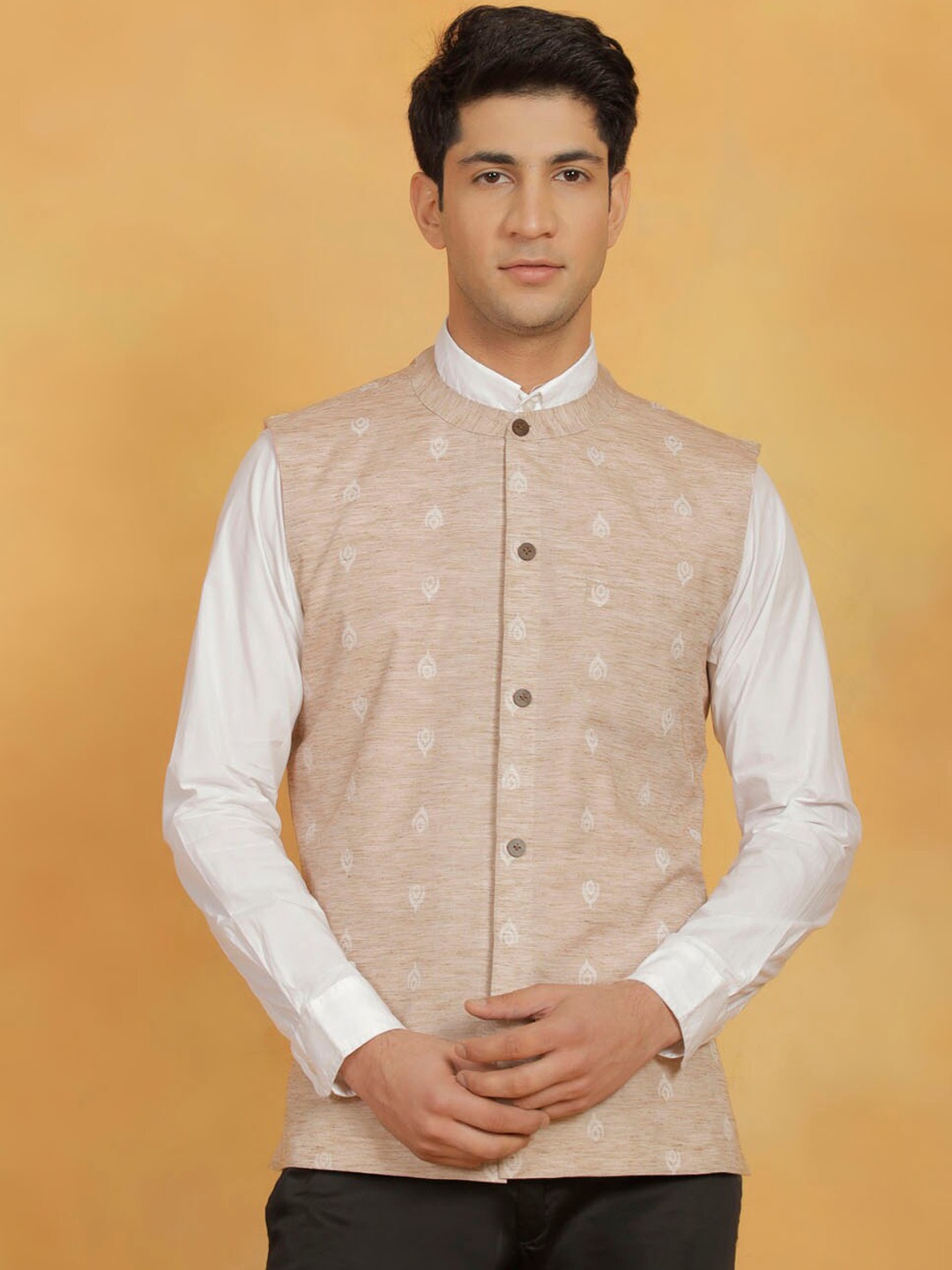 

VASTRAMAY Woven Design Nehru Jackets, Beige