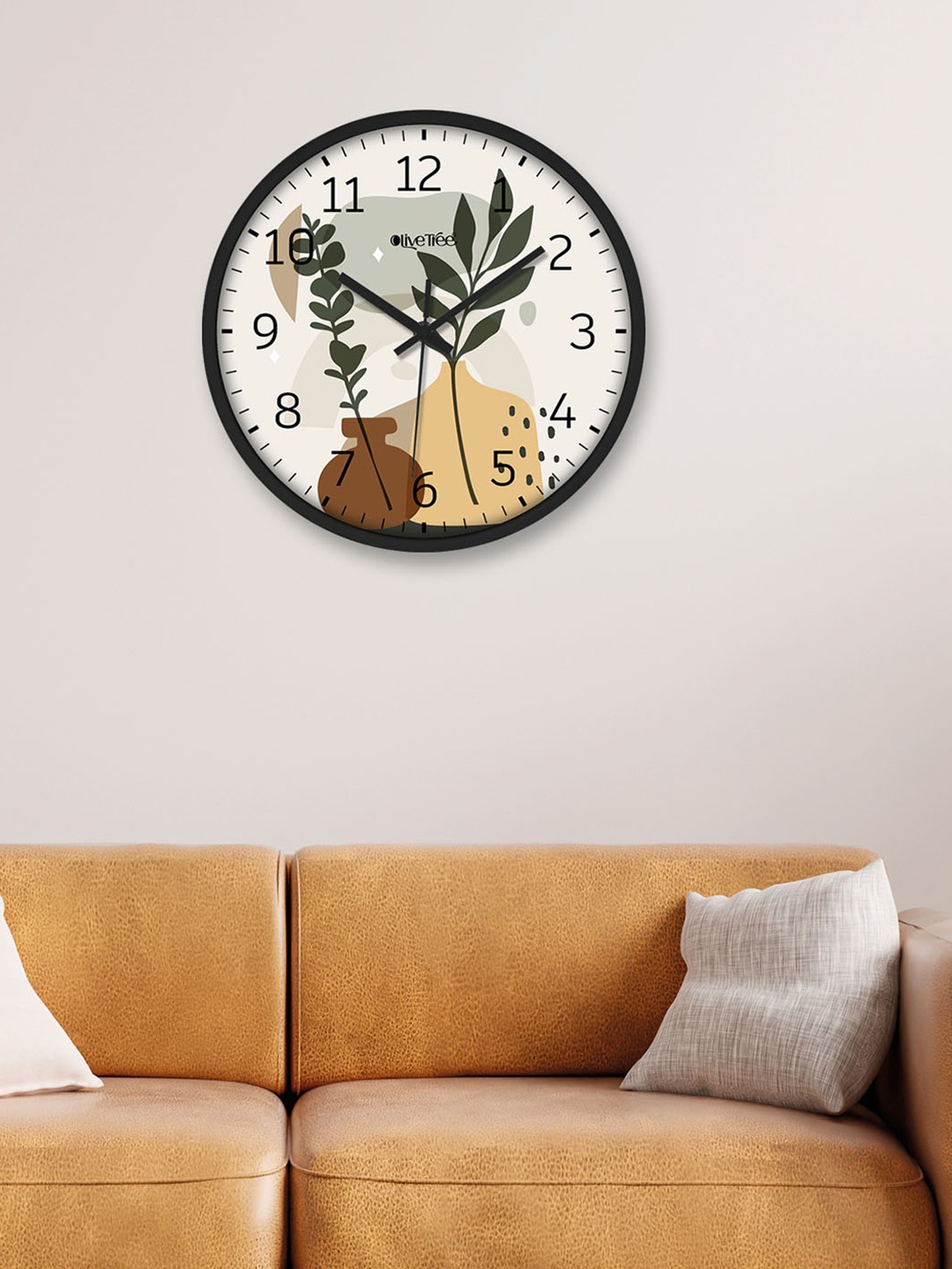 OLIVE TREE Black & Brown Floral Printed Round Contemporary Wall Clock