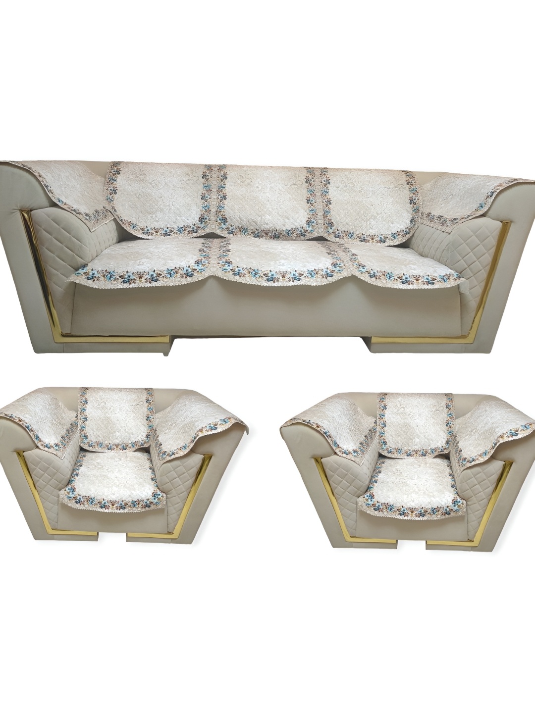 

TANLOOMS White & Blue 12 Pieces Printed 5 Seater Velvet Sofa Covers With Arms
