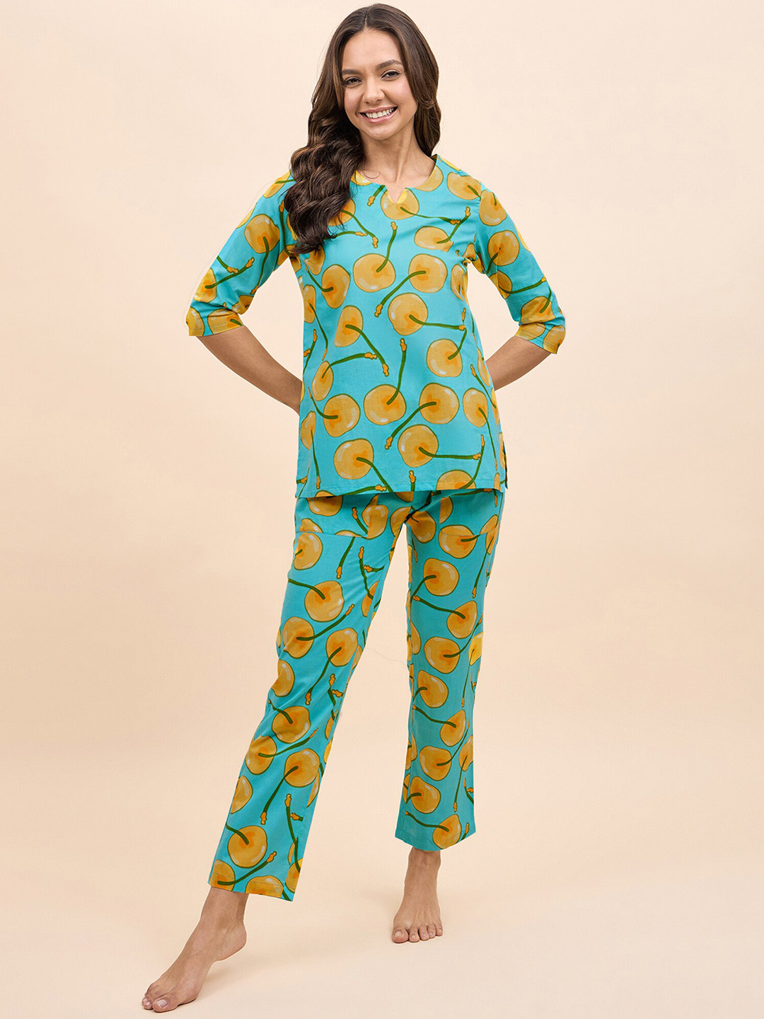 

MABISH by Sonal Jain Conversational Printed Pure Cotton Kurti With Pyjamas, Blue