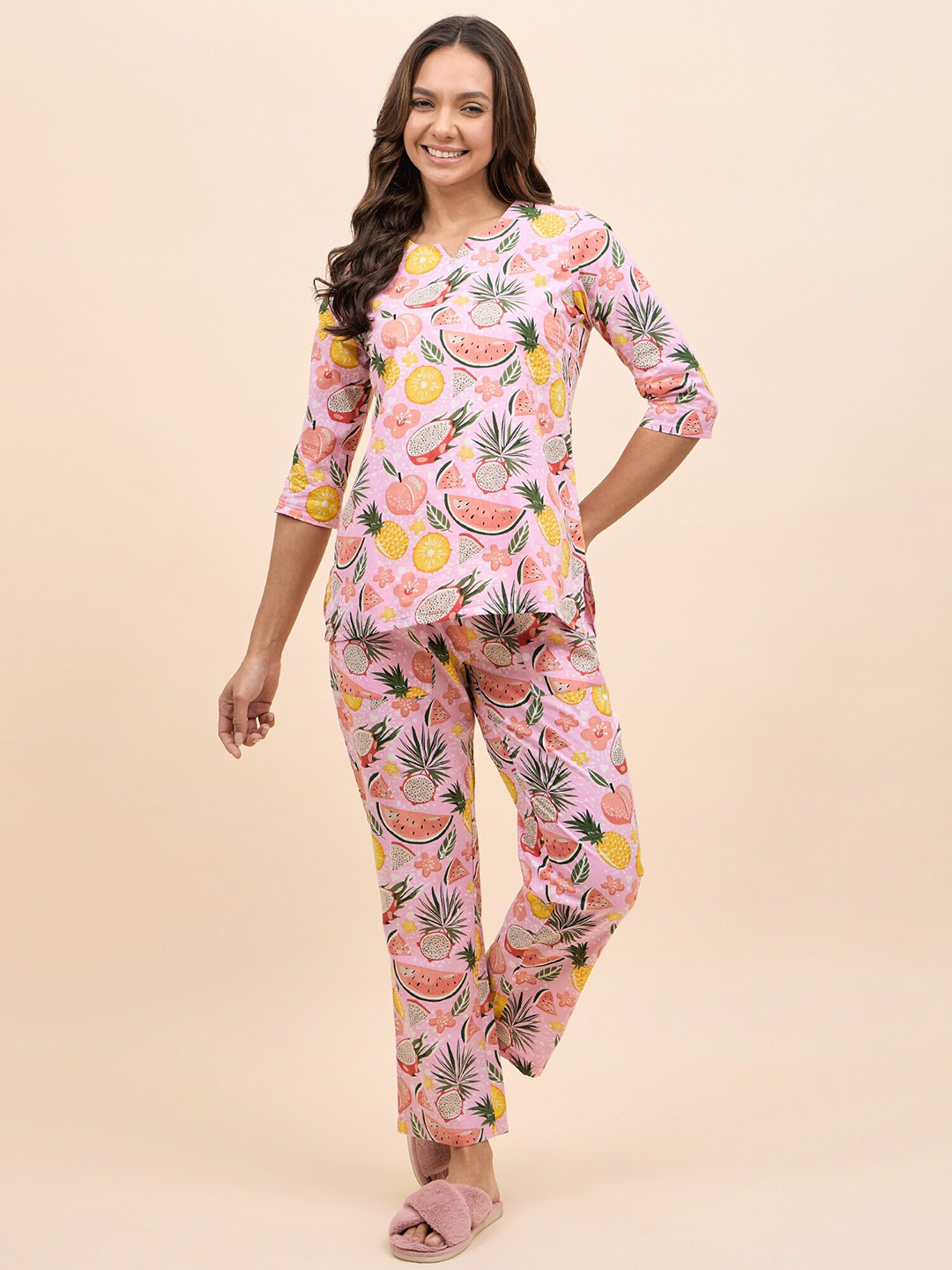 

MABISH by Sonal Jain Conversational Printed Pure Cotton Kurti With Pyjamas, Pink