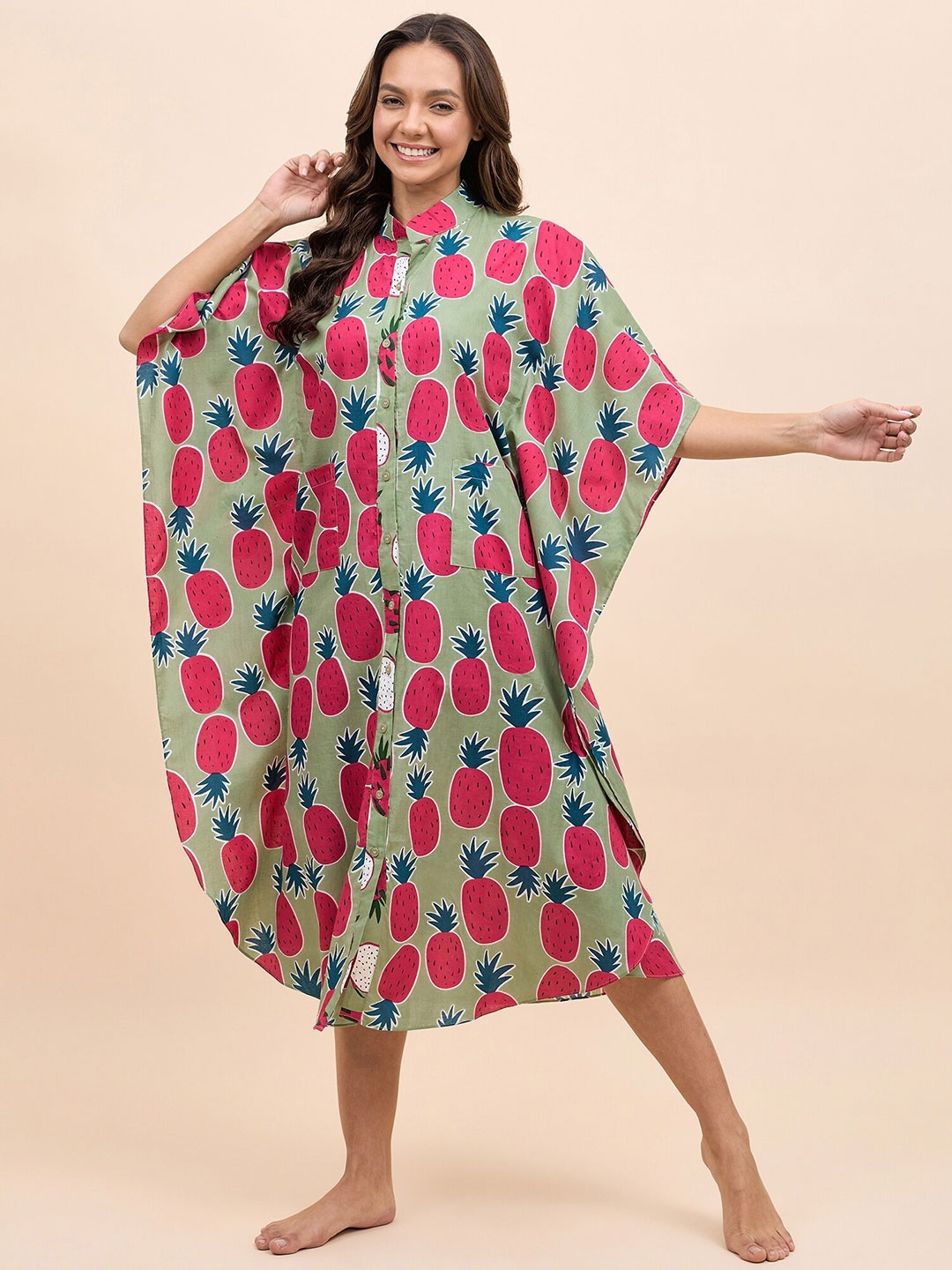 

MABISH by Sonal Jain Printed Mandarin Collar Pure Cotton Kaftan Nightdress, Green