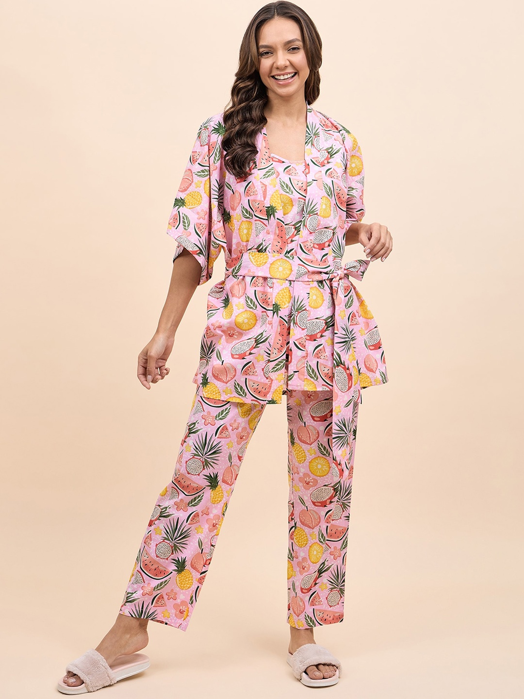 

MABISH by Sonal Jain Conversational Printed Shoulder Strap Pure Cotton Kaftan Night suit, Pink