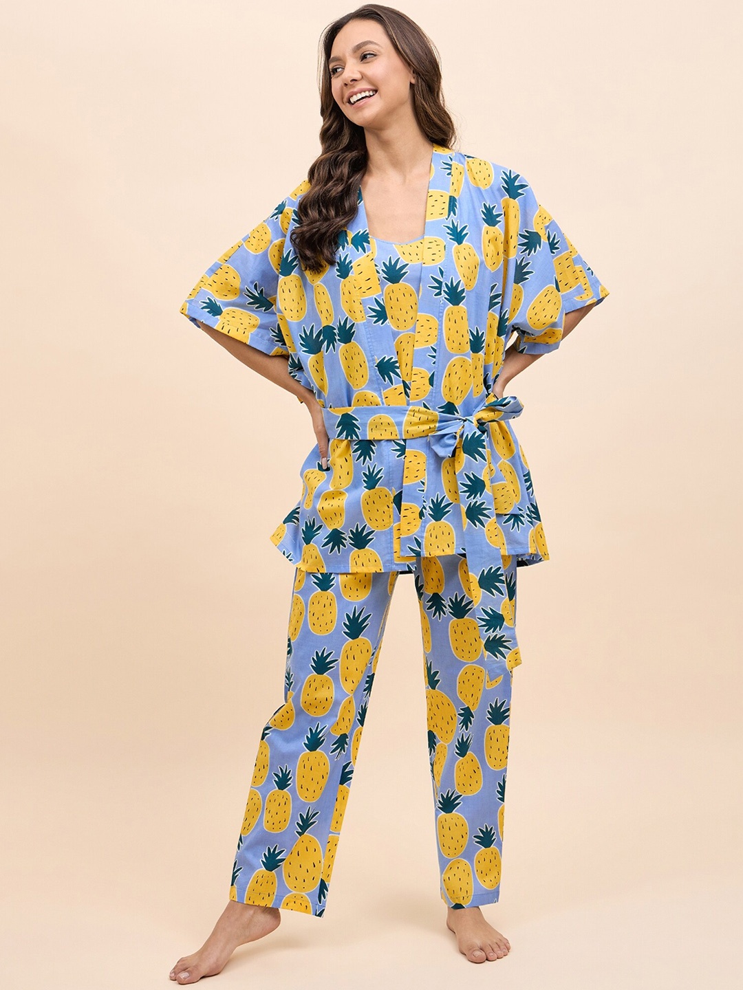 

MABISH by Sonal Jain Conversational Printed Pure Cotton Top With Pyjamas & Robe, Blue