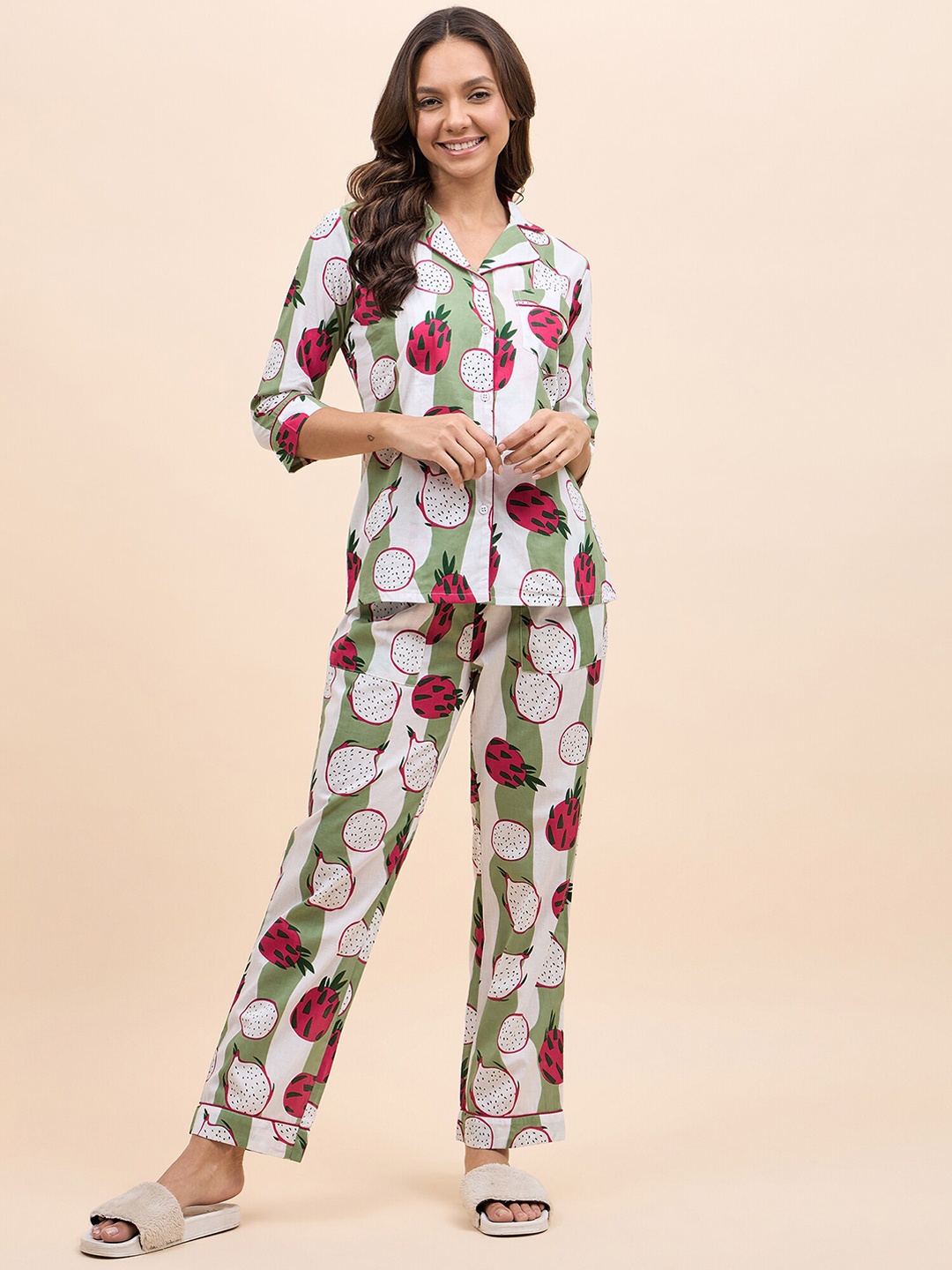 

MABISH by Sonal Jain Conversational Printed Lapel Collar Pure Cotton Shirt With Pyjamas, White