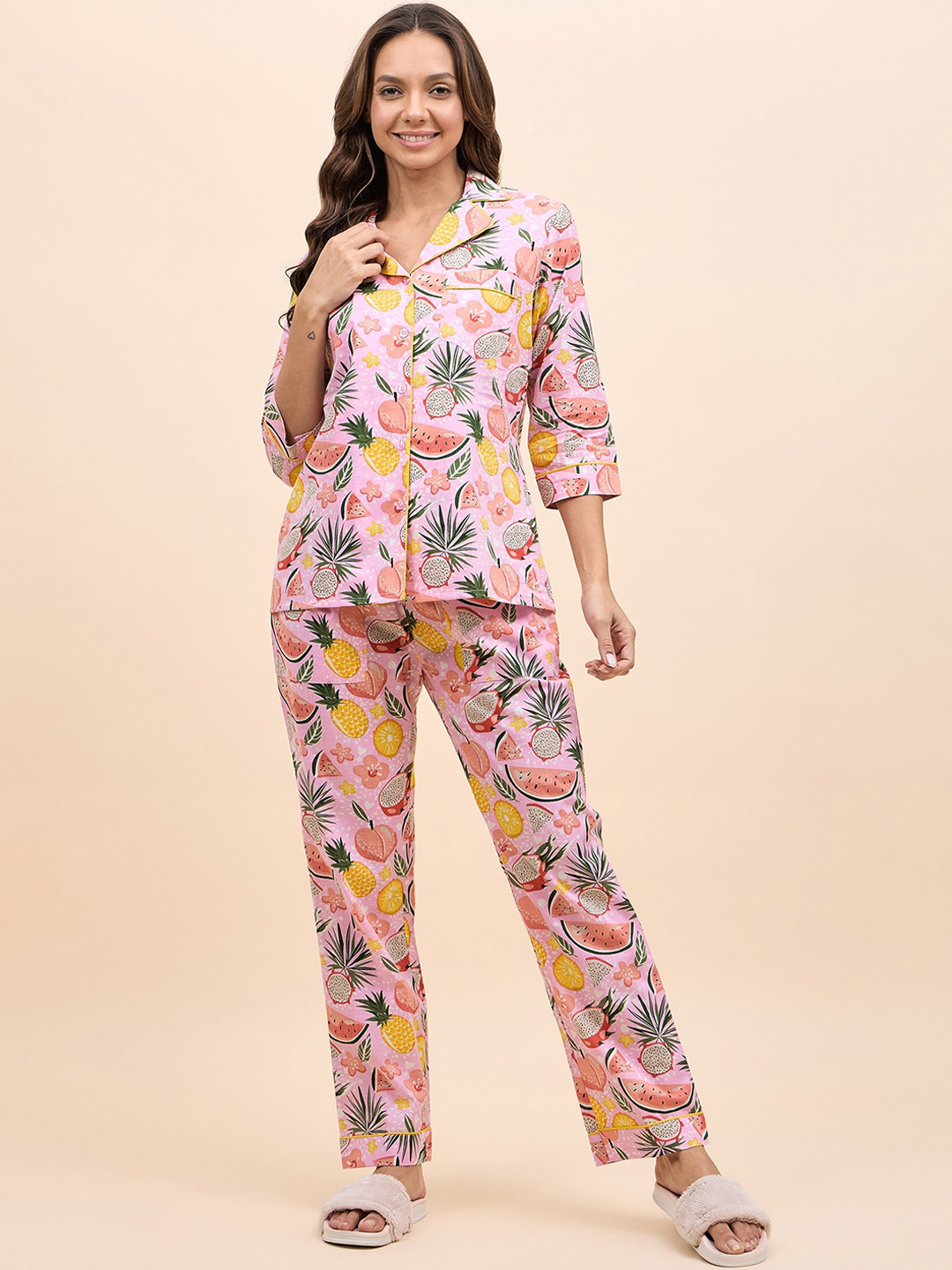 

MABISH by Sonal Jain Conversational Printed Lapel Collar Pure Cotton Shirt With Pyjamas, Pink