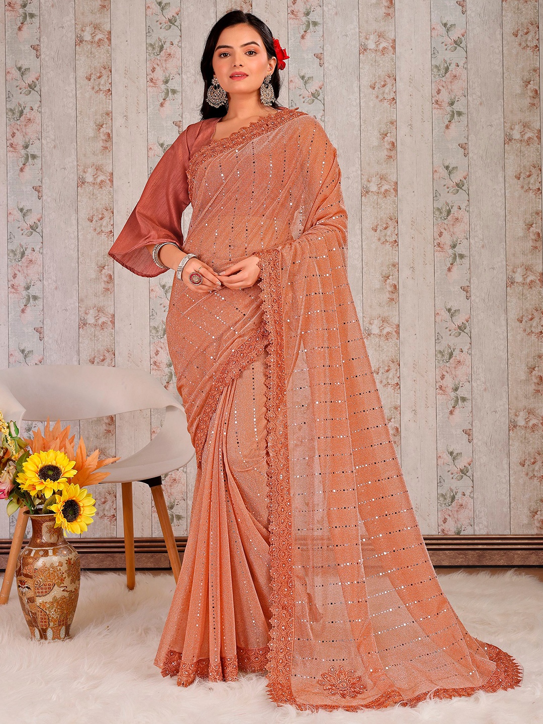 

Mitera Embellished Sequinned Saree, Orange