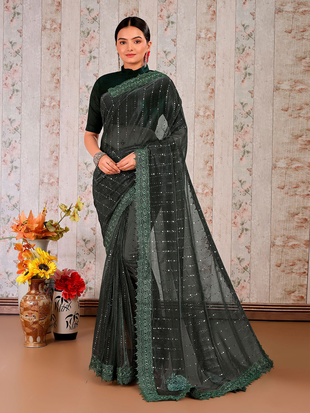 

Mitera Embellished Sequinned Saree, Green