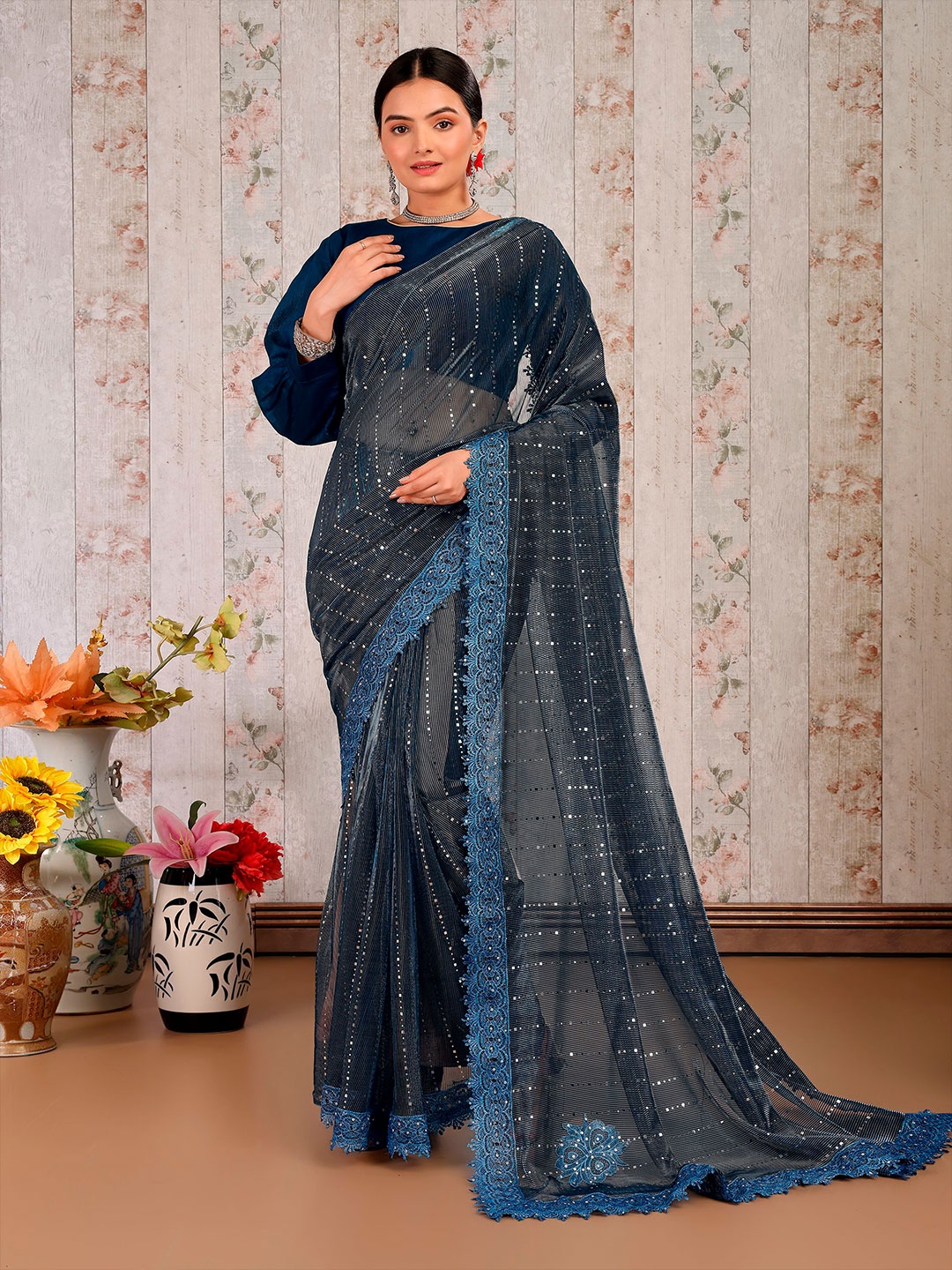 

Mitera Embellished Beads and Stones Saree, Blue
