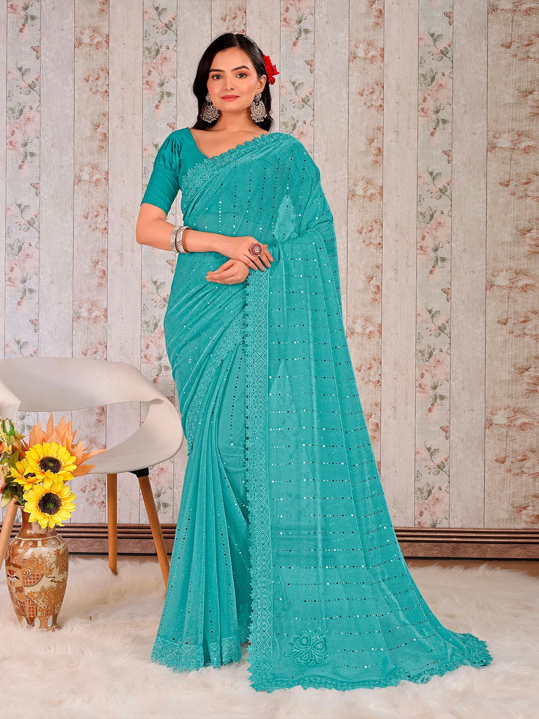 

Mitera Embellished Sequinned Saree, Blue