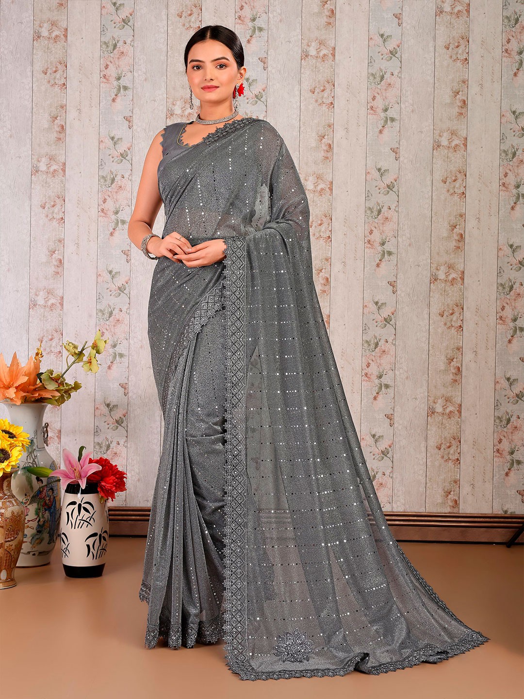 

Mitera Embellished Beads and Stones Saree, Grey