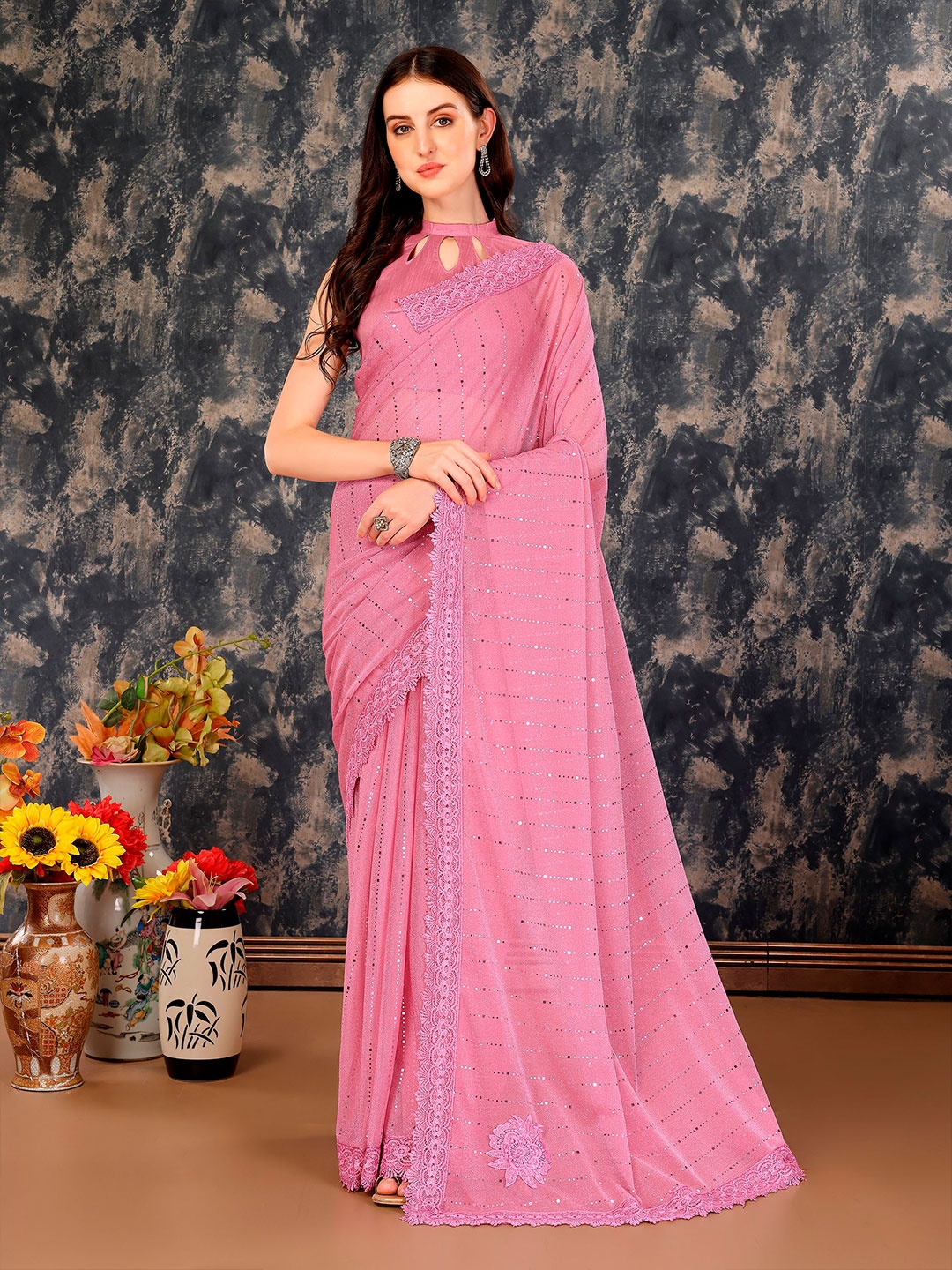

Mitera Embellished Beads and Stones Saree, Pink