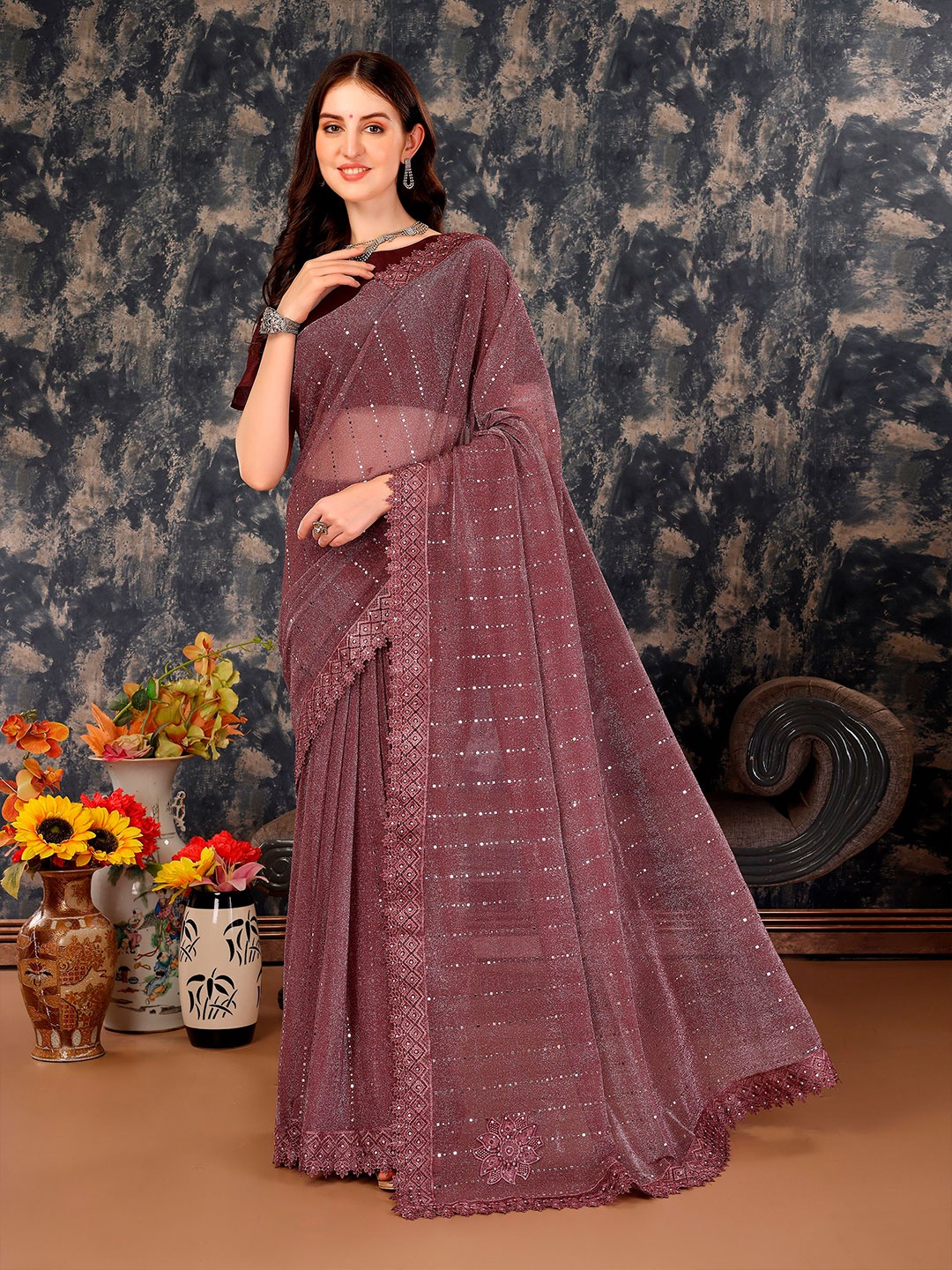 

Mitera Embellished Beads and Stones Saree, Coffee brown