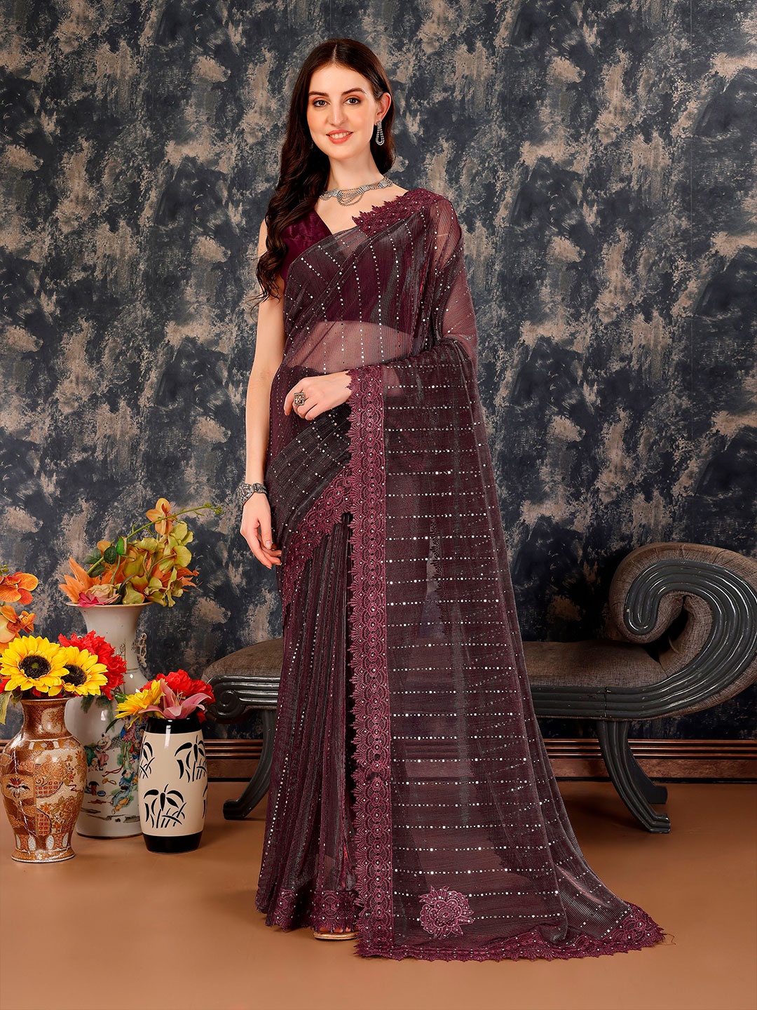 

Mitera Embellished sequence Saree, Coffee brown