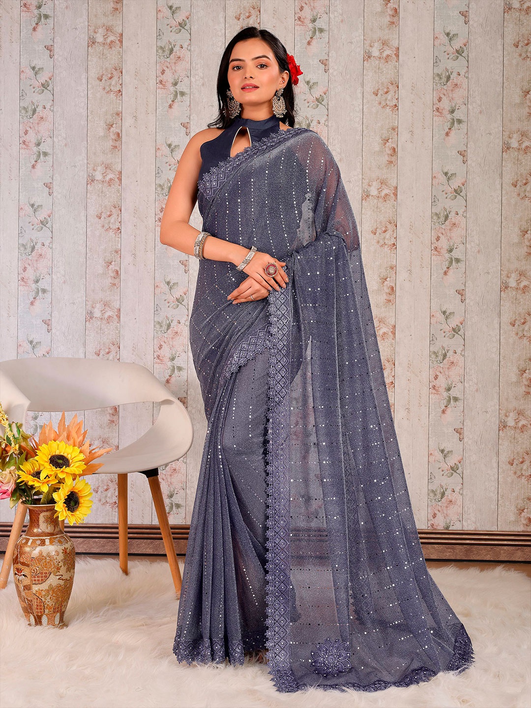 

Mitera Embellished Beads and Stones Saree, Blue