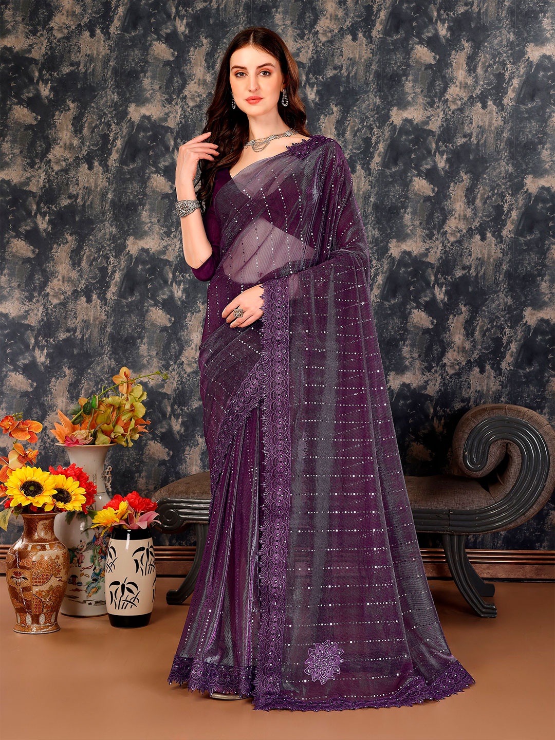 

Mitera Purple Embellished Beads And Stones Saree