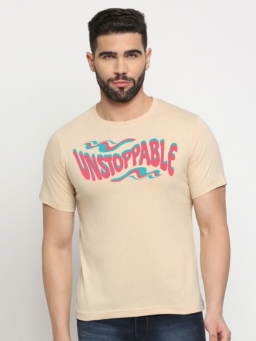 

MOD ECRU Typography Printed Round Neck Short Sleeves Cotton T-shirt, Cream