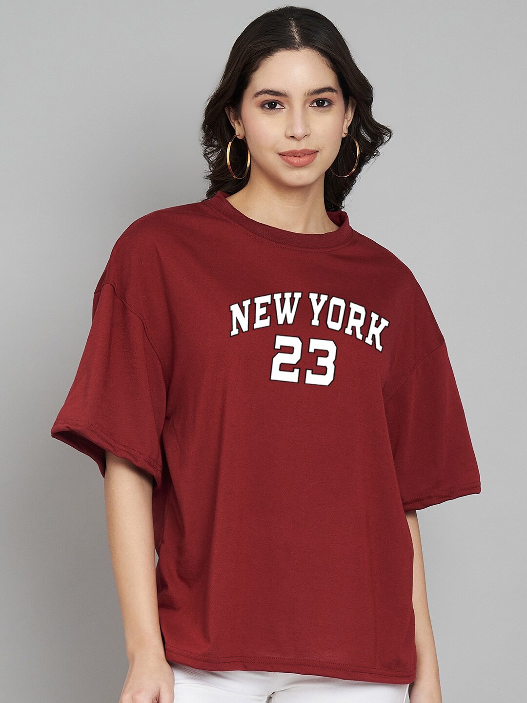 

Trend Level Typography Printed Drop-Shoulder Sleeves Cotton Oversized T-shirt, Maroon