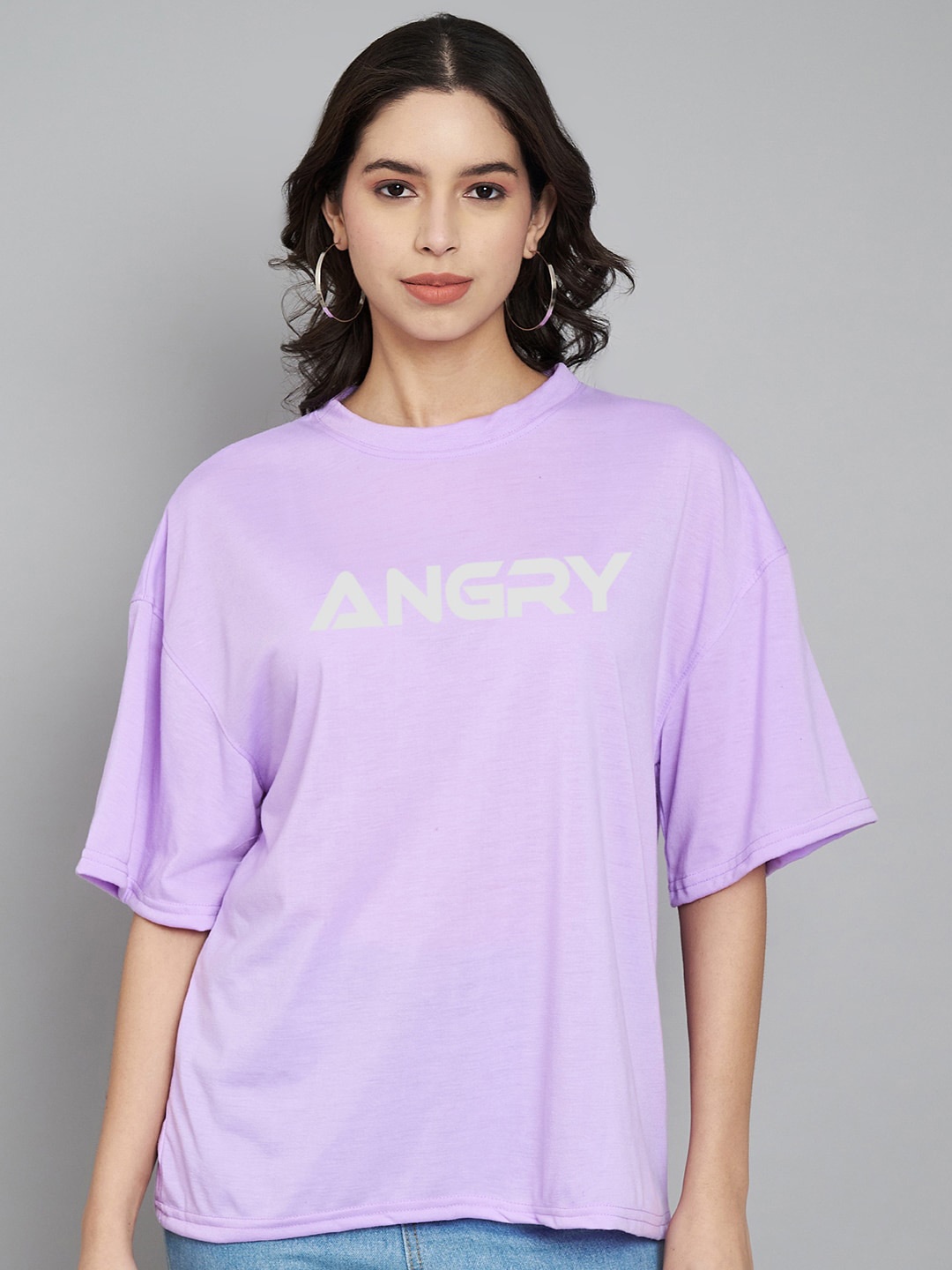 

Trend Level Round Neck Typography Printed Drop-Shoulder Sleeves T-shirt, Lavender