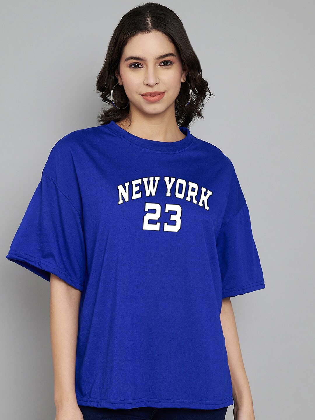 

Trend Level Typography Printed Drop-Shoulder Sleeves Cotton Oversized T-shirt, Blue