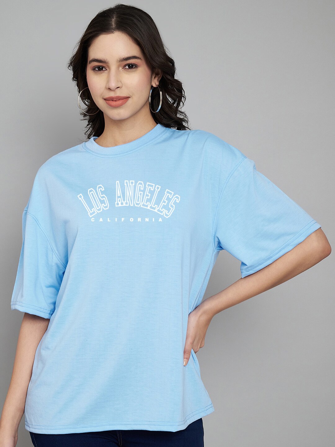 

Trend Level Typography Print Round Neck Drop Shoulder Sleeves Cotton Oversized T-shirt, Turquoise blue