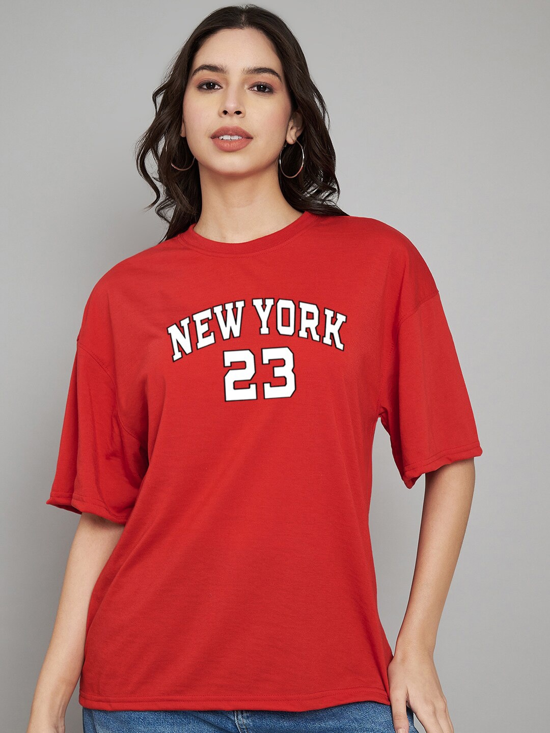 Trend Level Typography Printed Oversized Cotton T-shirt, Red