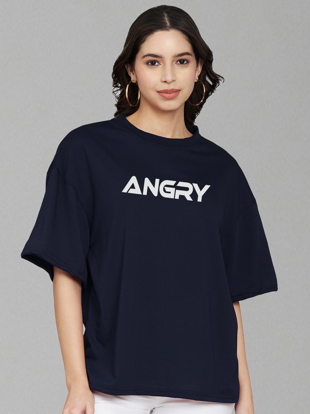 

Trend Level Typography Printed Drop-Shoulder Sleeves Cotton Oversized T-shirt, Navy blue