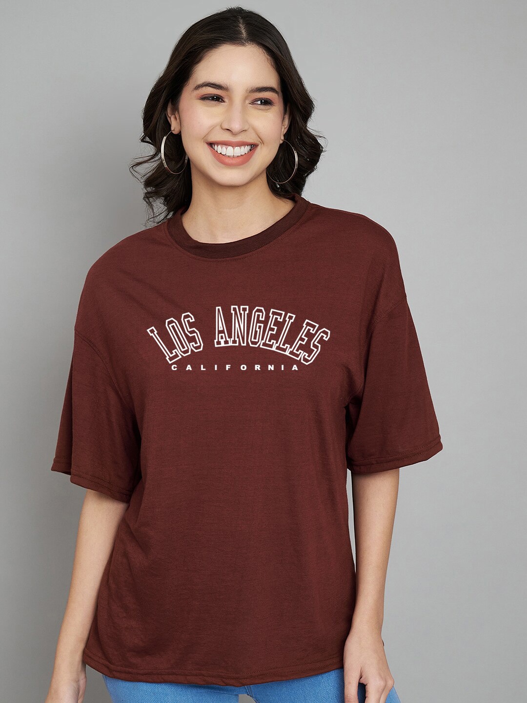 Trend Level Round Neck Typography Printed Cotton T-shirt, Brown