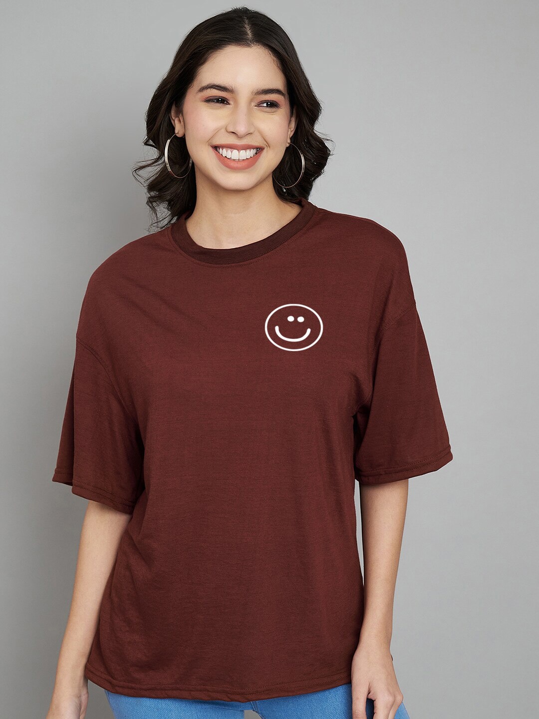 

Trend Level Round Neck Drop Shoulder Sleeves Cotton Oversized T-shirt, Brown