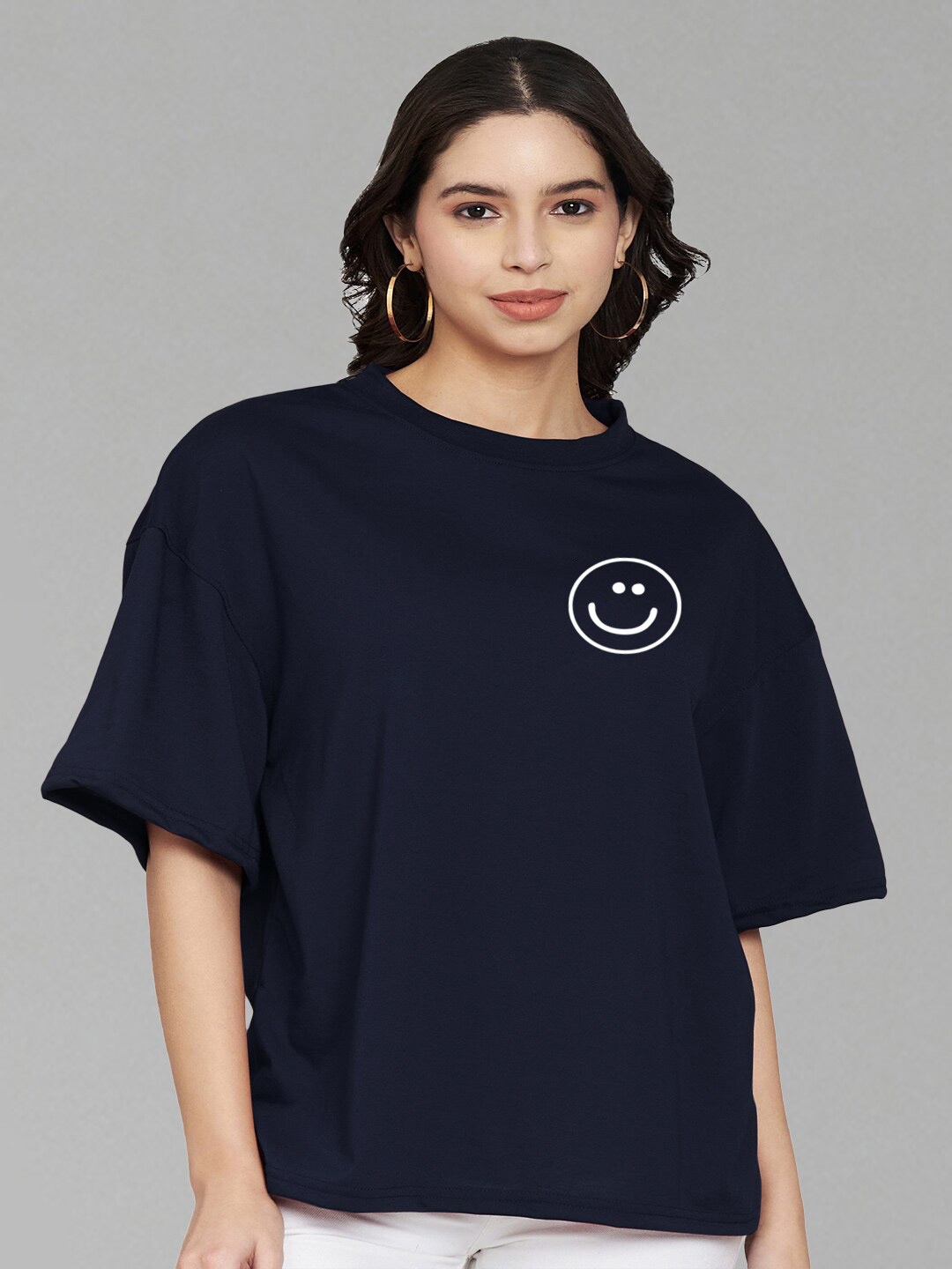 

Trend Level Round Neck Drop-Shoulder Sleeves Cotton T-shirt, Navy blue