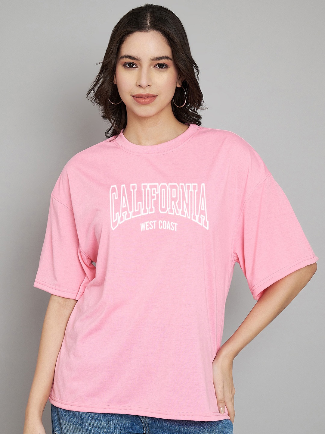 

Trend Level Round Neck Typography Printed Cotton T-shirt, Pink