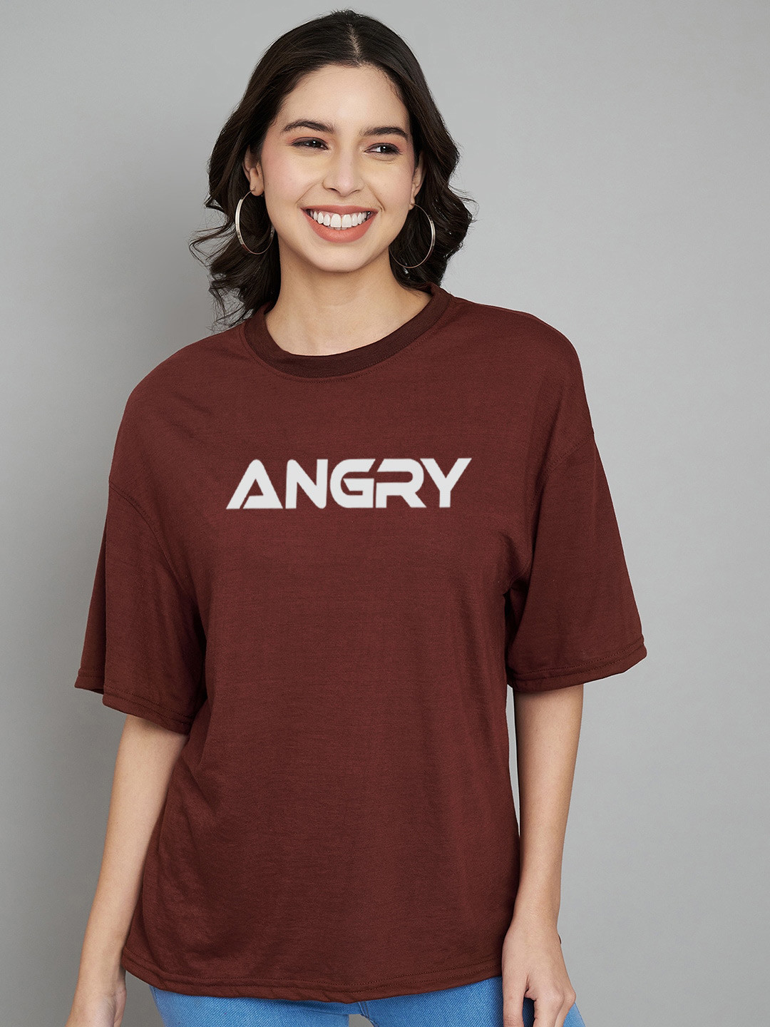 

Trend Level Typography Printed Round Neck Drop-Shoulder Sleeves Oversized Cotton T-shirt, Brown