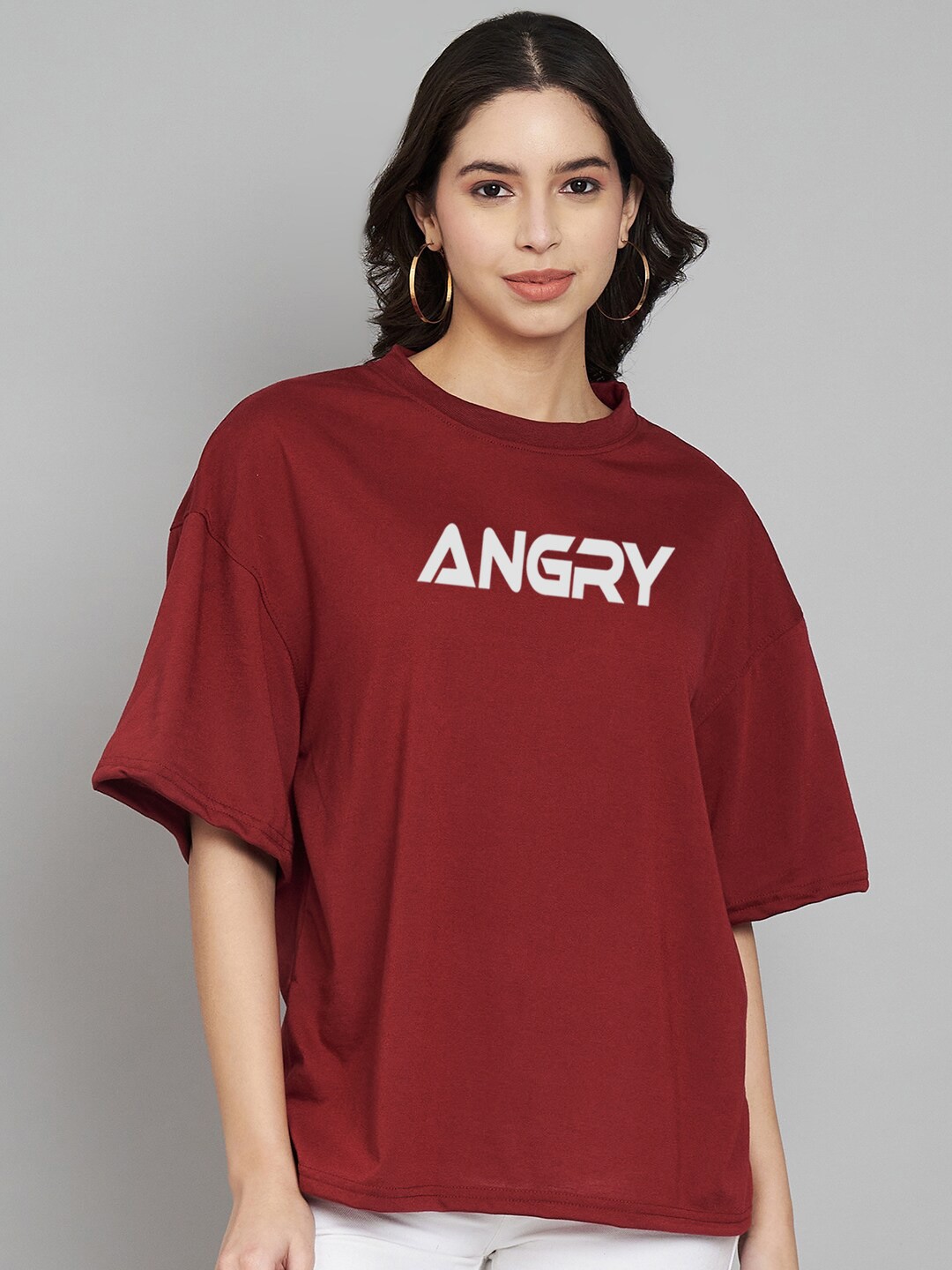Trend Level Round Neck Typography Printed Drop-Shoulder Sleeves Cotton T-shirt, Maroon