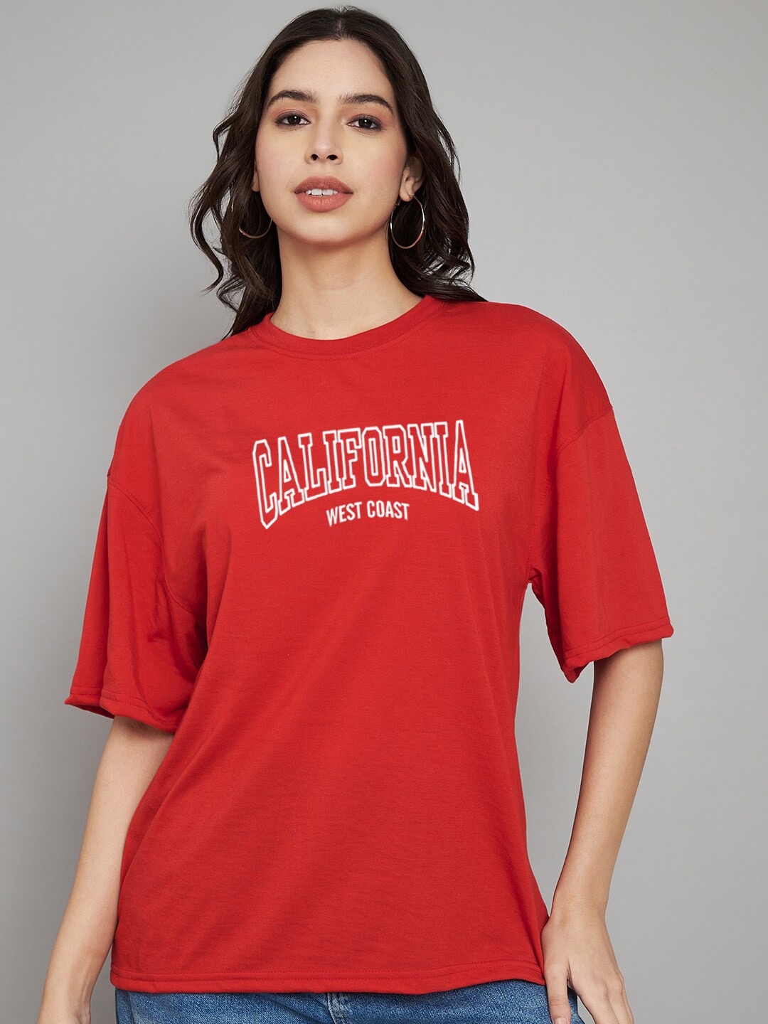

Trend Level Typography Printed Drop-Shoulder Sleeves Cotton Oversized T-shirt, Red