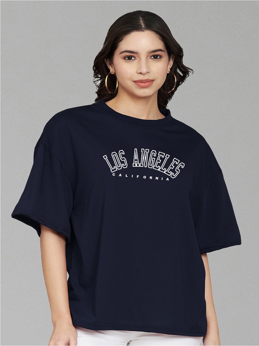 

Trend Level Round Neck Drop-Shoulder Sleeves Cotton T-shirt, Navy blue