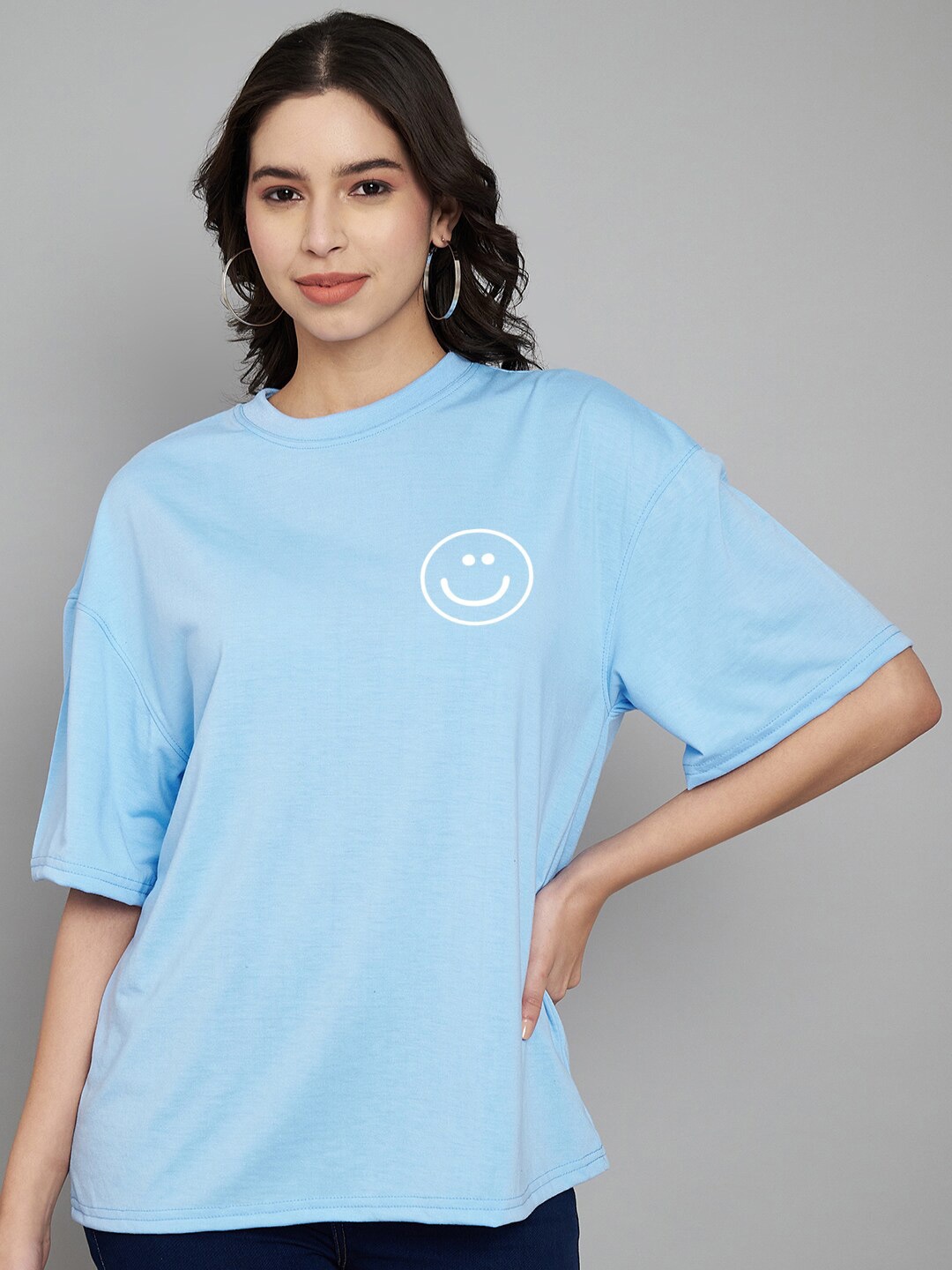 

Trend Level Round Neck Drop Shoulder Sleeves Cotton Oversized T-shirt, Turquoise blue