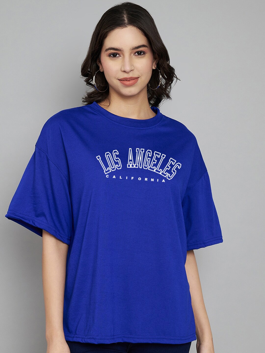

Trend Level Typography Printed Drop-Shoulder Sleeves Cotton Oversized T-shirt, Blue