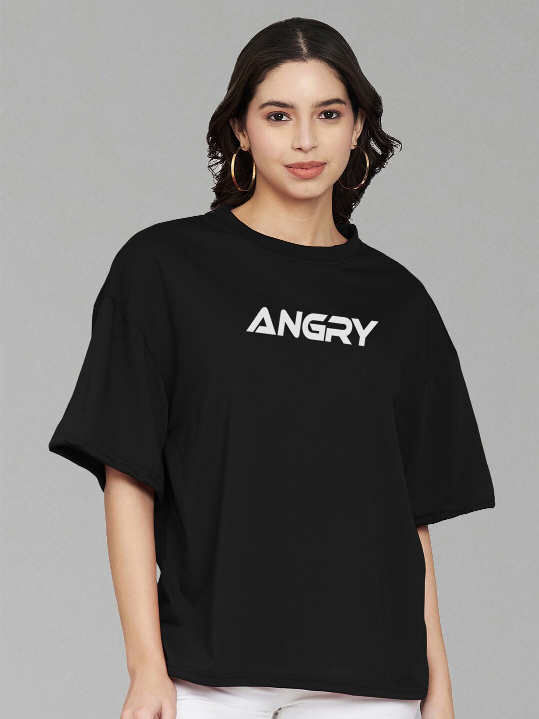 

Trend Level Typography Printed Drop-Shoulder Sleeves Cotton Oversized T-shirt, Black