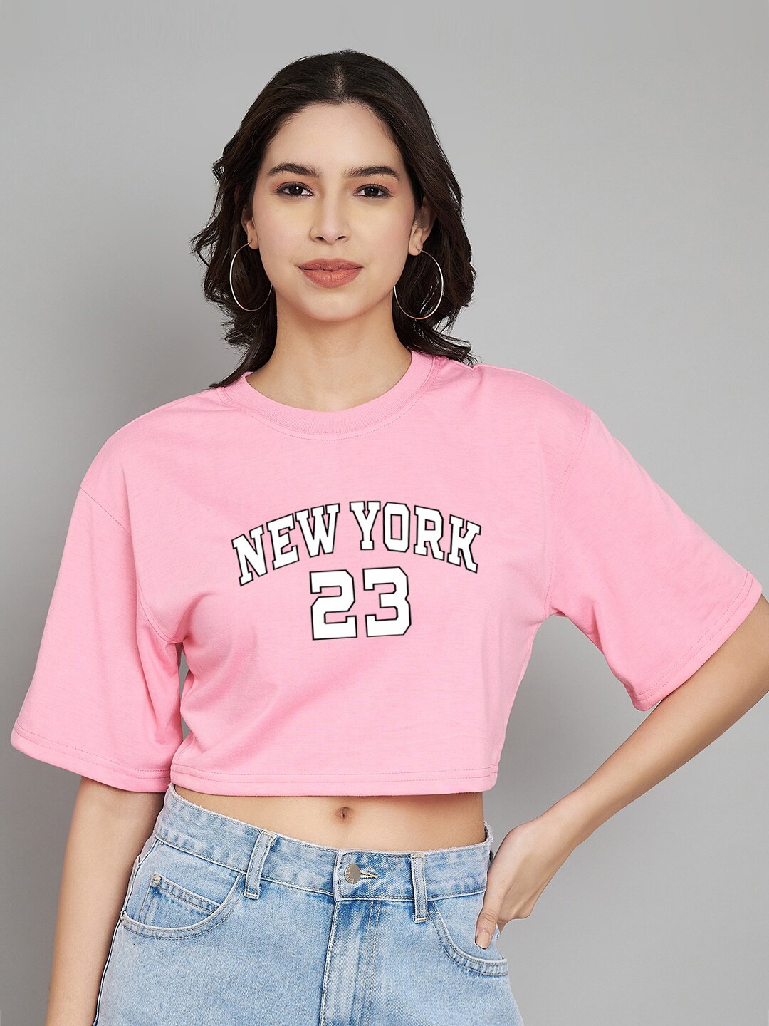 

Trend Level Typography Printed Round Neck Drop-Shoulder Sleeves Cotton Crop T-shirt, Pink