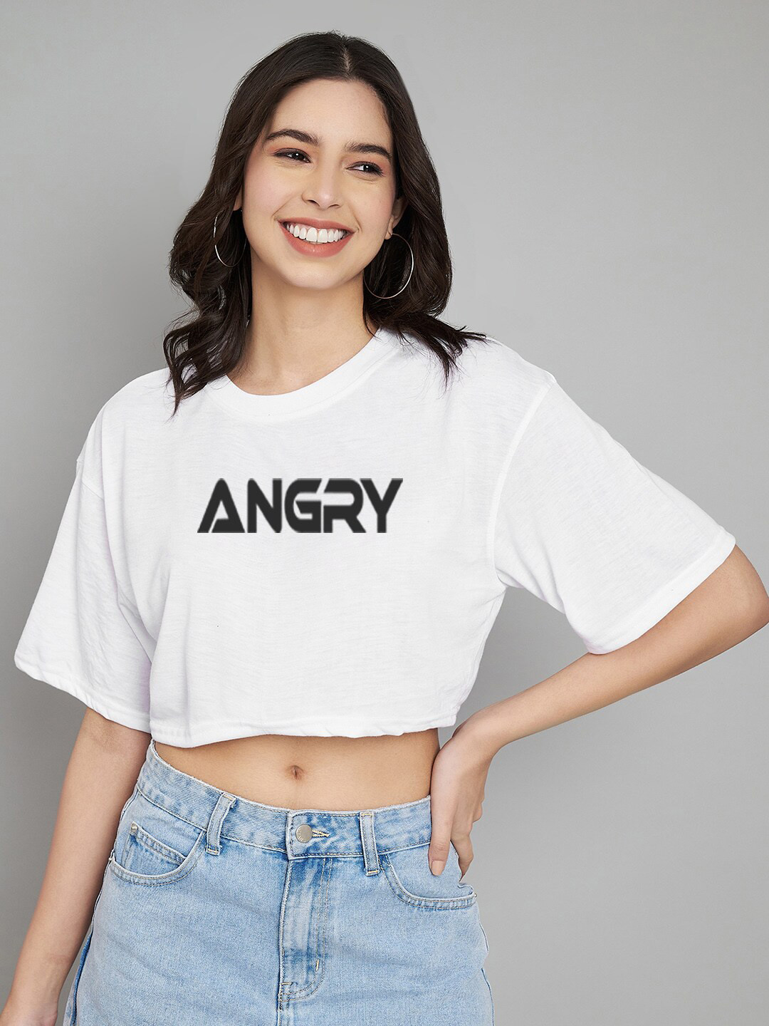 

Trend Level Typography Printed Round Neck Drop-Shoulder Sleeves Cotton Crop T-shirt, White