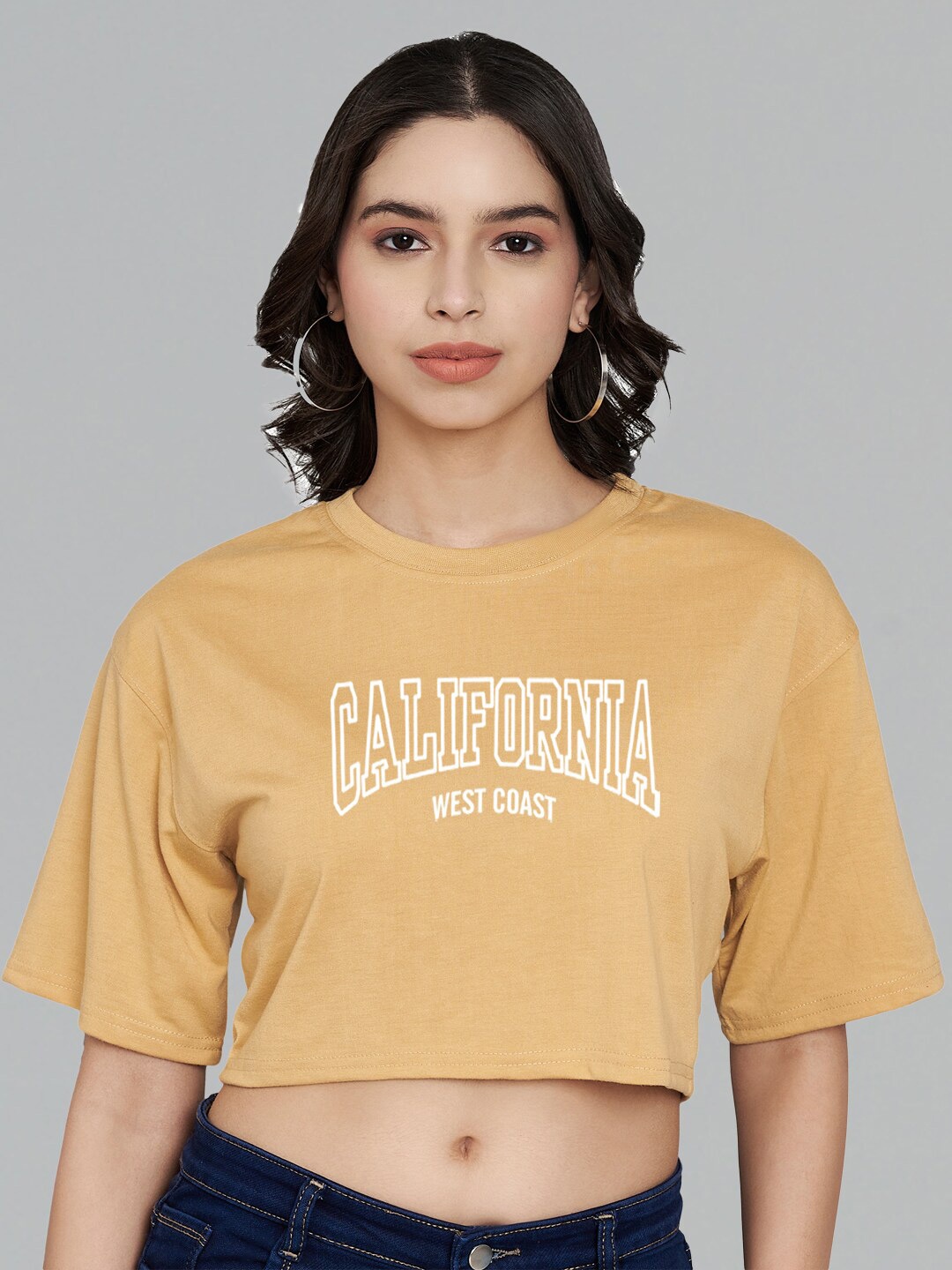 

Trend Level Typography Printed Round Neck Drop-Shoulder Sleeves Cotton Crop T-shirt, Beige