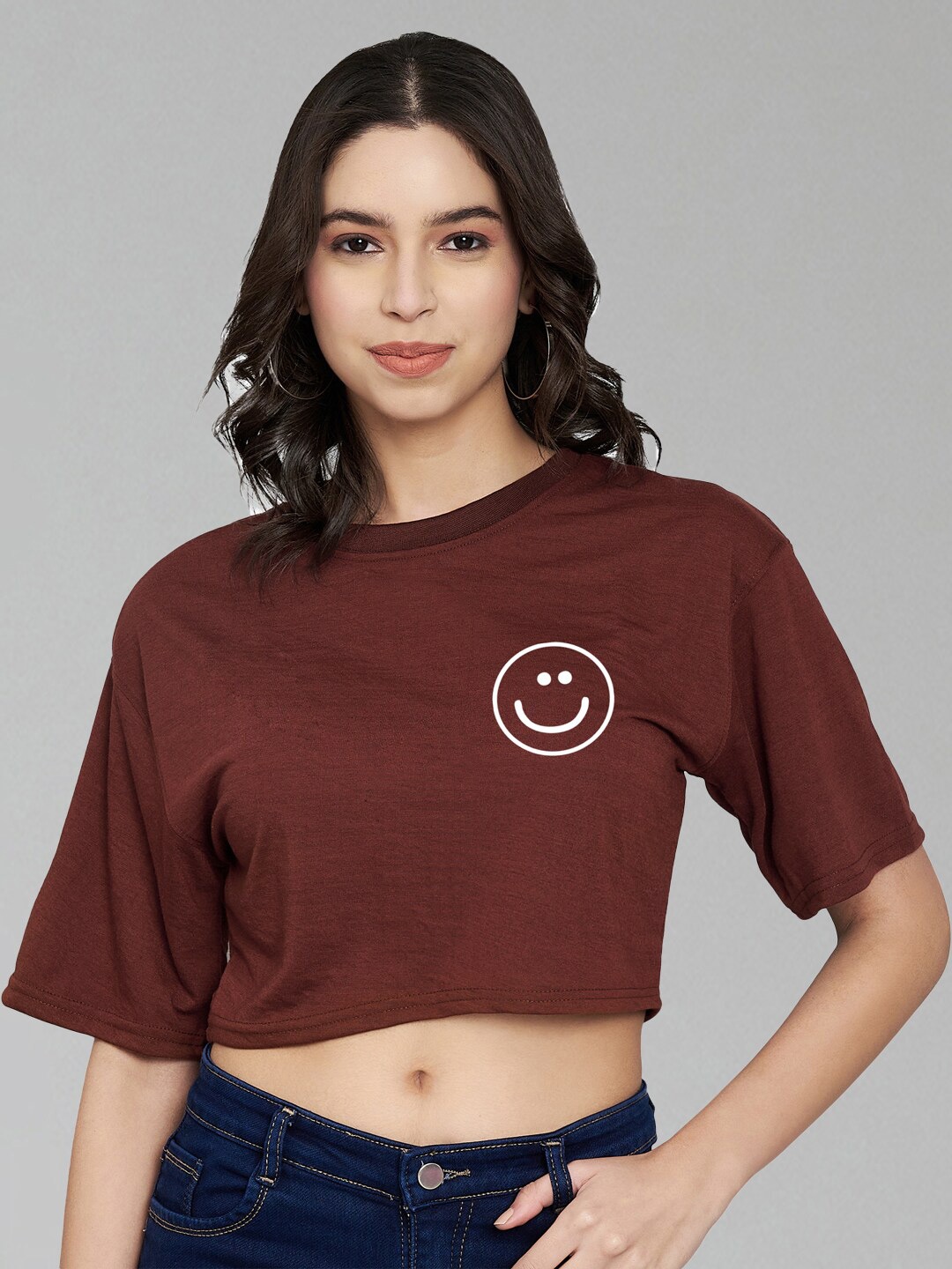 

Trend Level Round Neck Drop Shoulder Cotton Crop Top, Brown