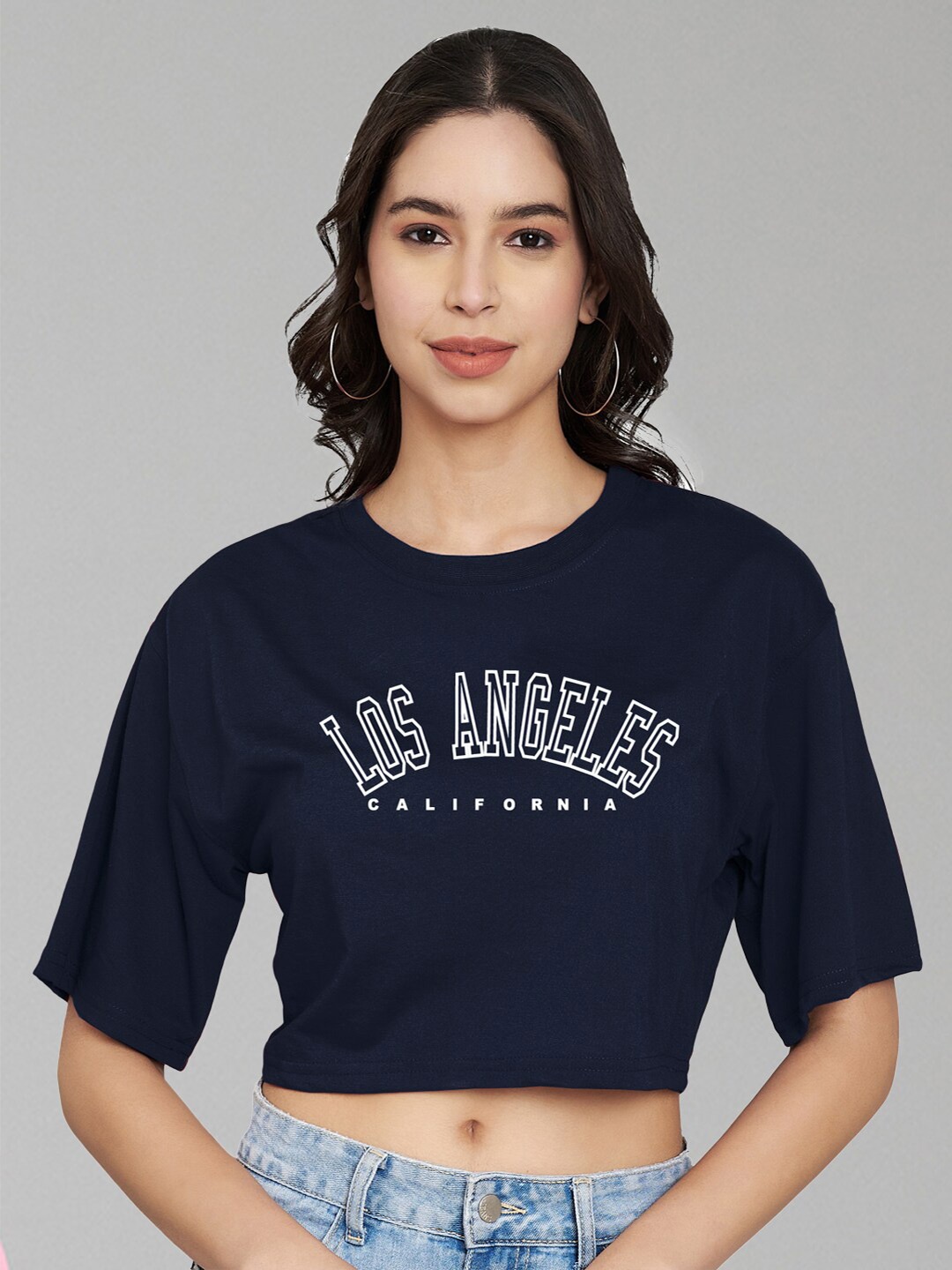 

Trend Level Typography Printed Round Neck Drop-Shoulder Sleeves Cotton Crop T-shirt, Navy blue