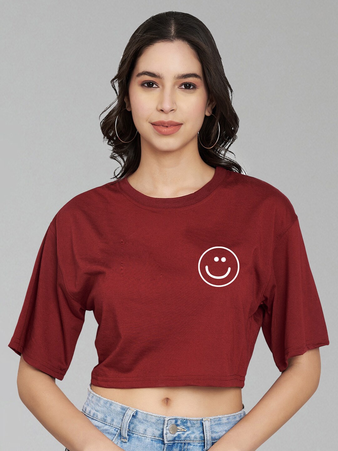 

Trend Level Graphic Print Cotton Boxy Crop Top, Maroon