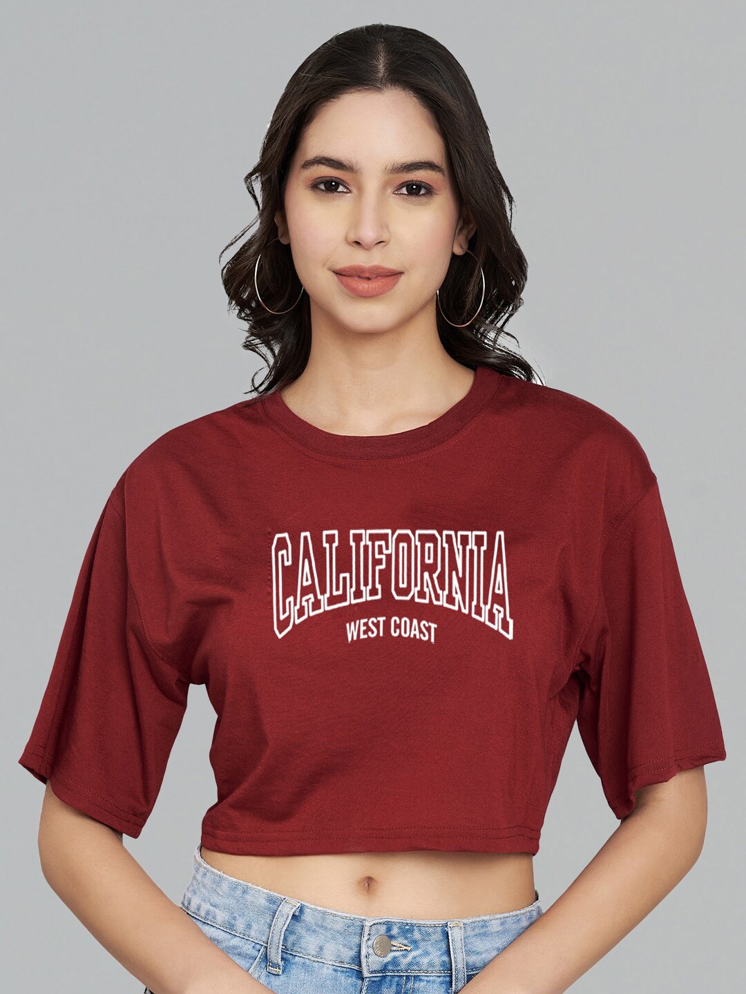 

Trend Level Typography Printed Drop Shoulder Cotton Crop Top, Maroon