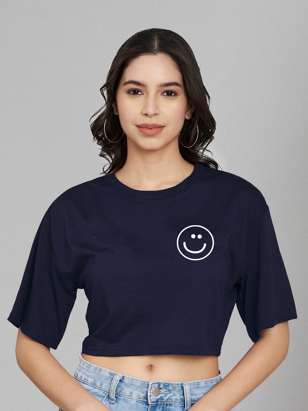 

Trend Level Graphic Print Cotton Boxy Crop Top, Navy blue