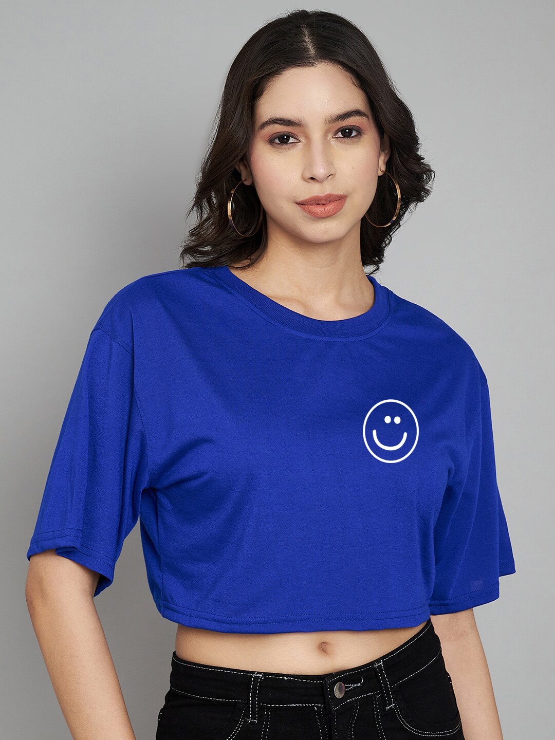 

Trend Level Round Neck Drop Shoulder Cotton Crop Top, Blue