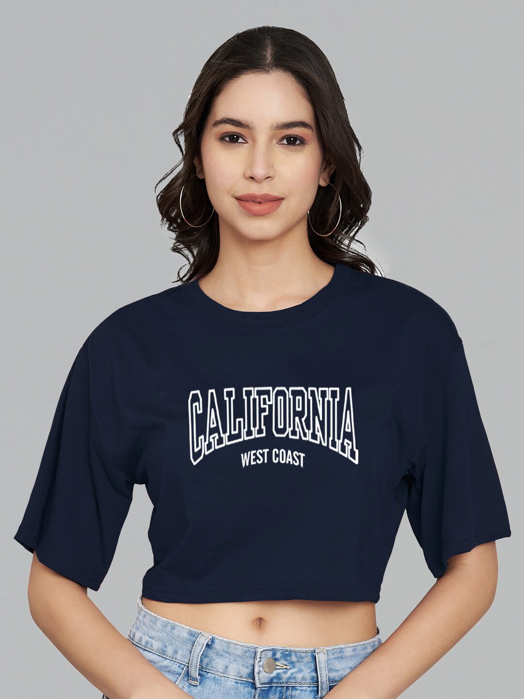 

Trend Level Typography Print Cotton Boxy Crop Top, Navy blue